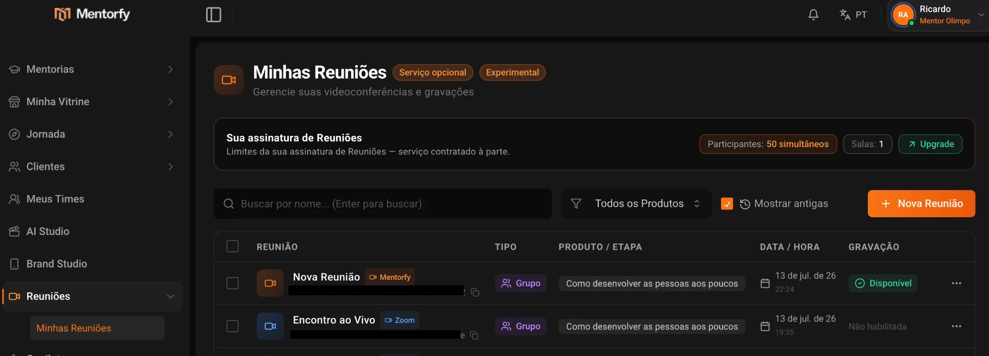 My Meetings page with the Recording column showing an available replay