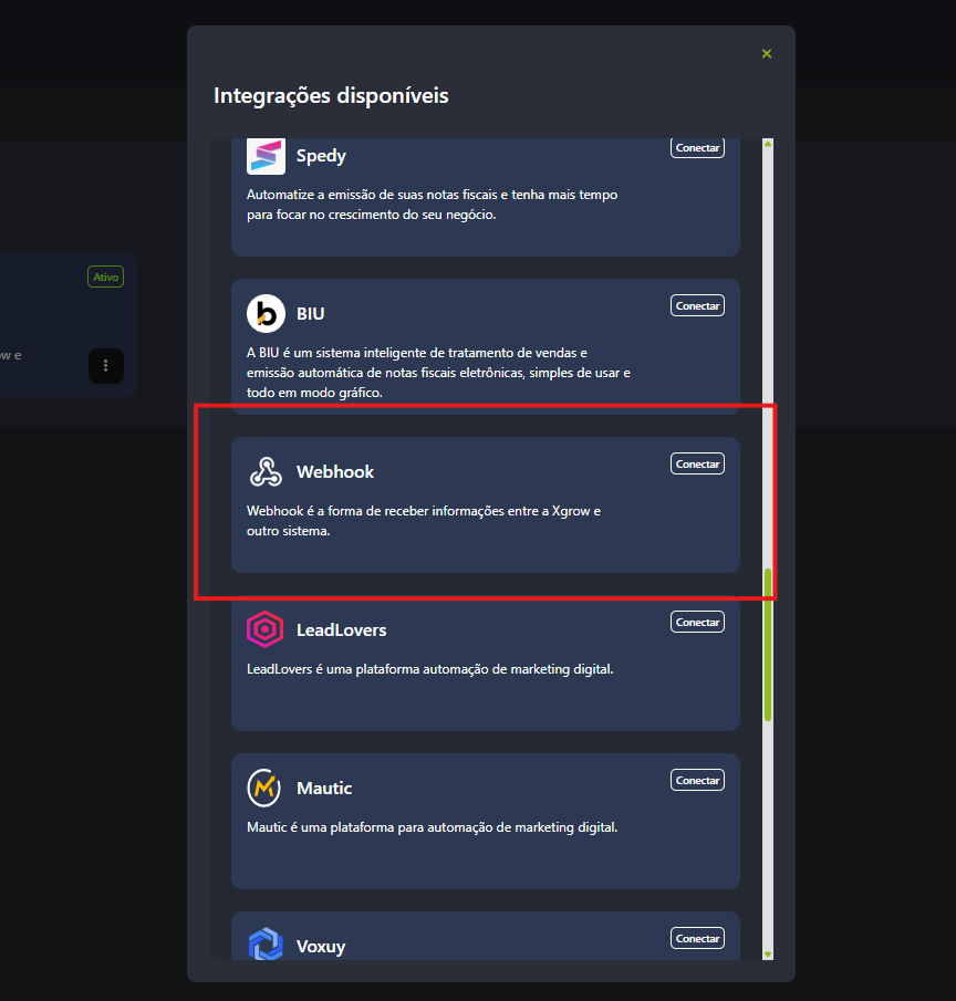 Integrações Disponíveis - Webhook