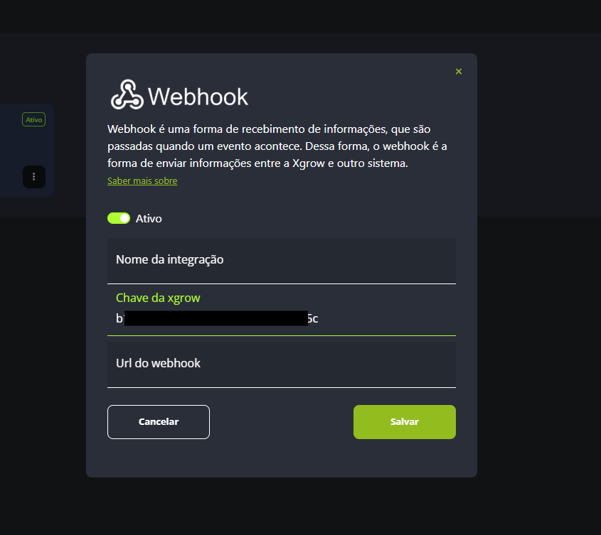 cadastro da webhook