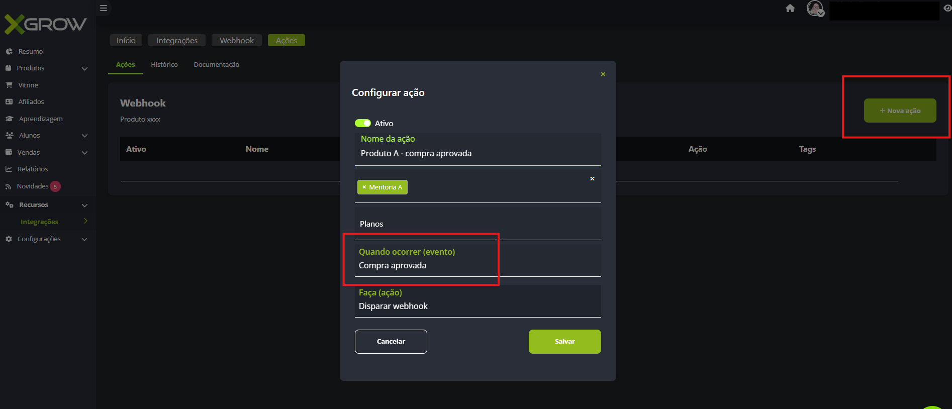 configuração da ação