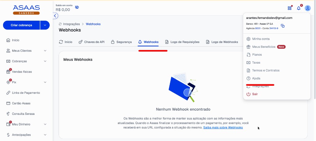 Navegação até Integrações > Webhooks no Asaas