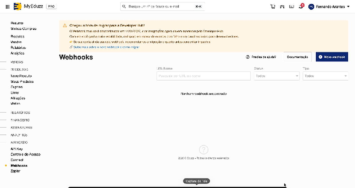 Tela de Webhooks no MyEduzz