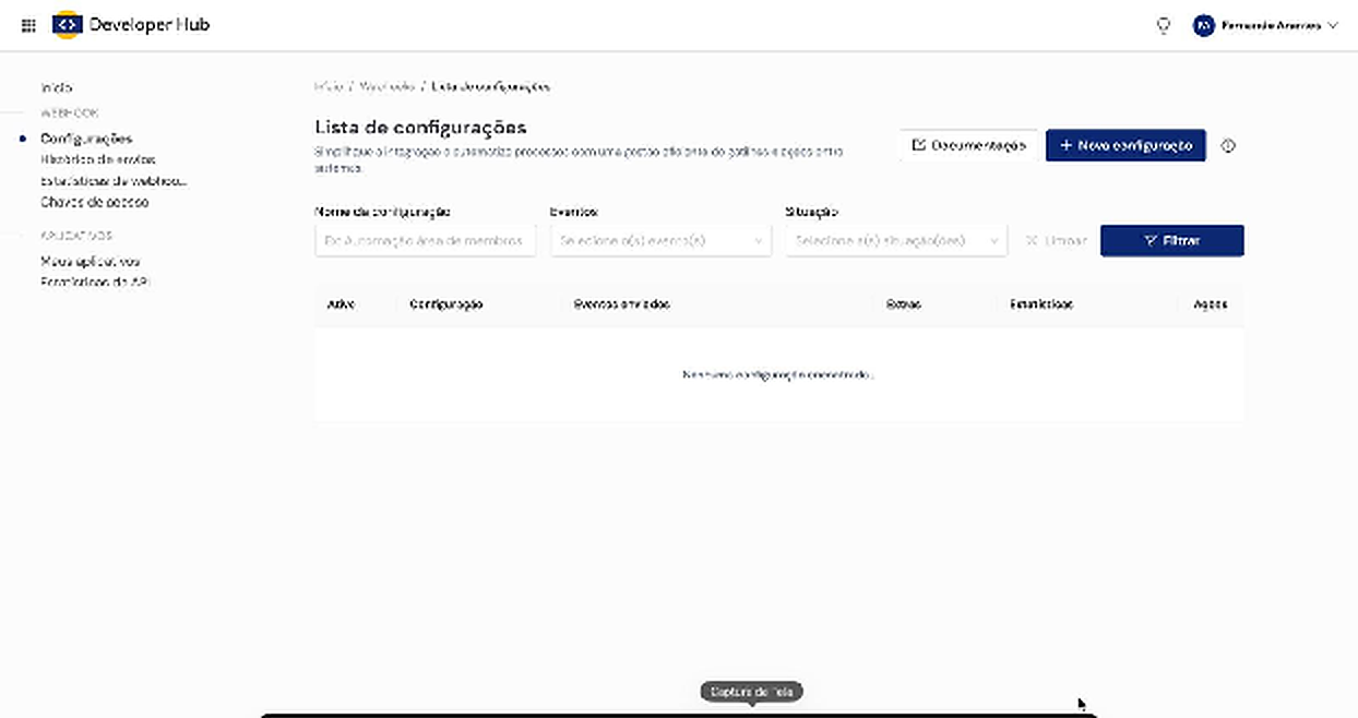 Lista de configurações e botão Nova configuração