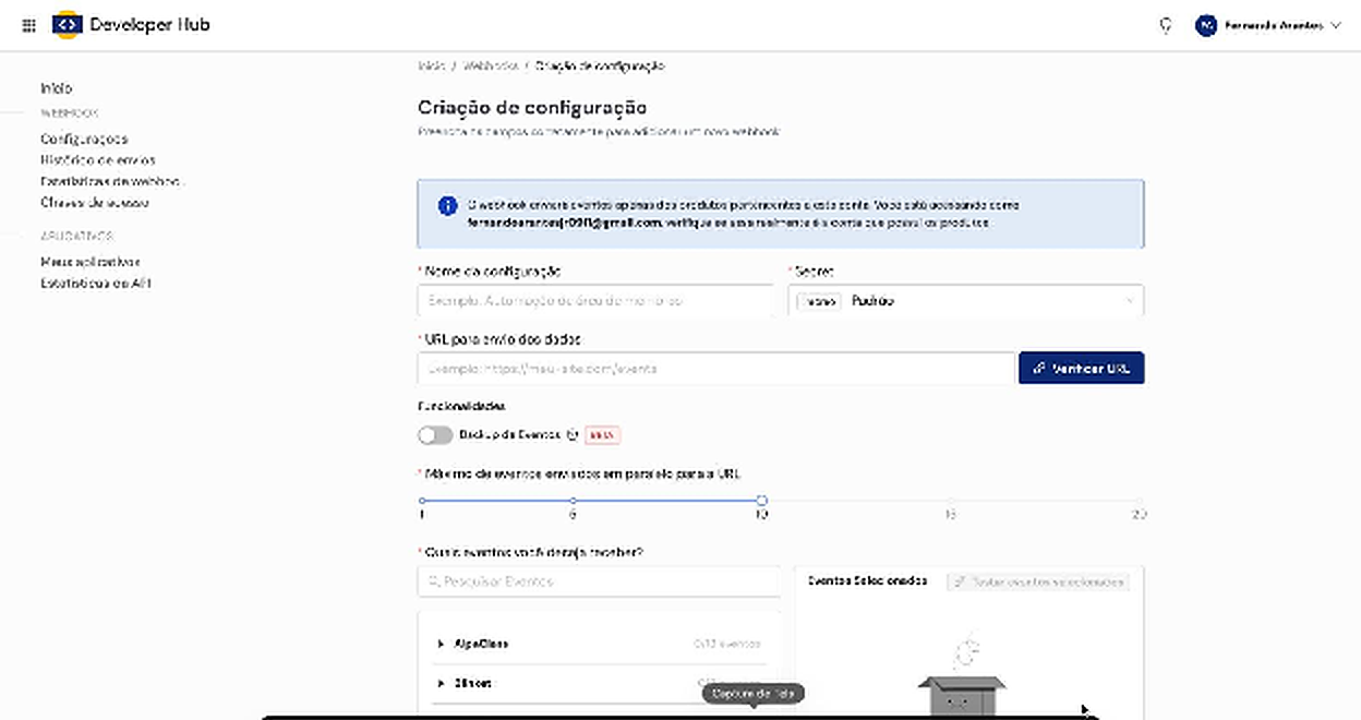 Formulário de criação de configuração do webhook