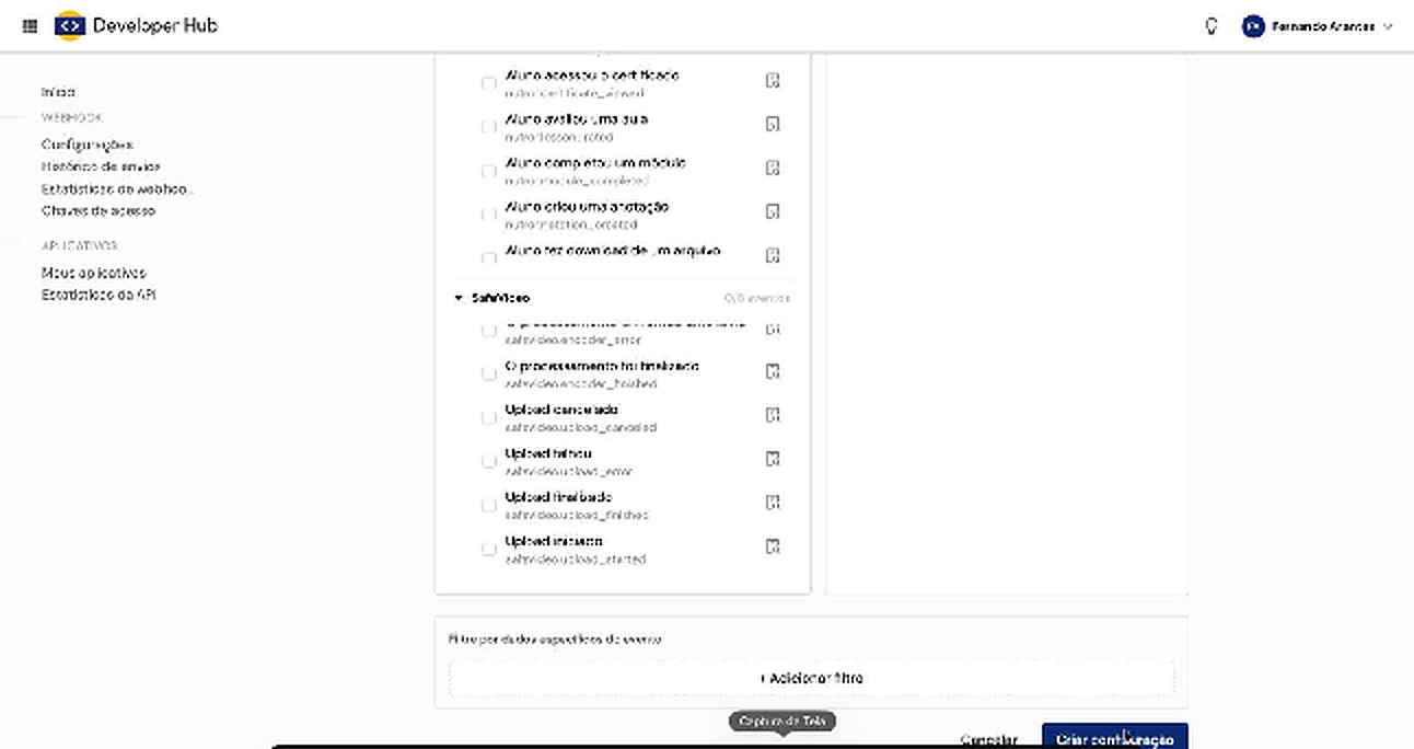 Seleção de eventos do webhook