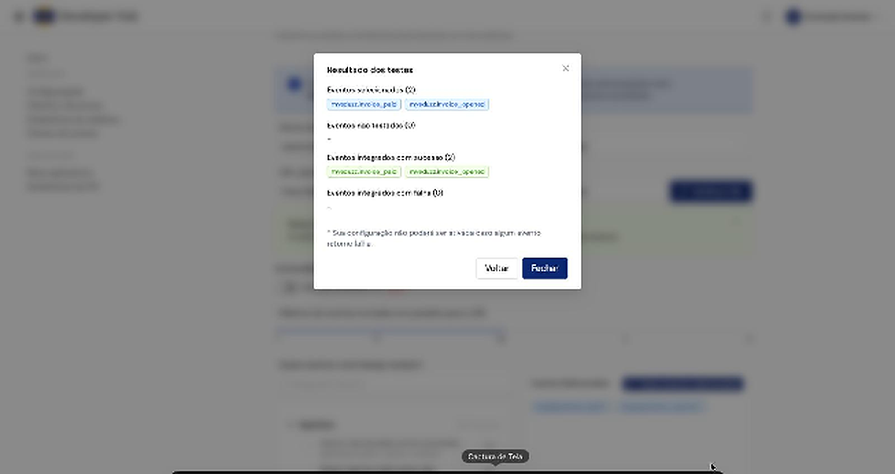 Janela de teste de eventos