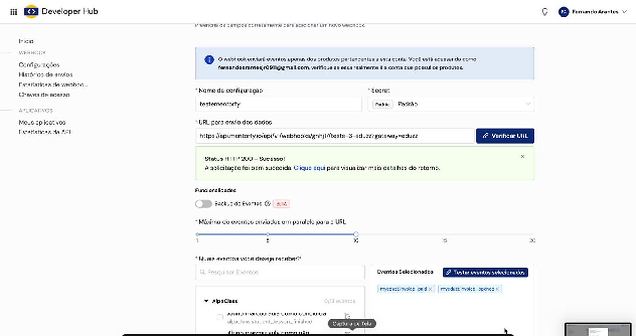 Resultado dos testes do webhook