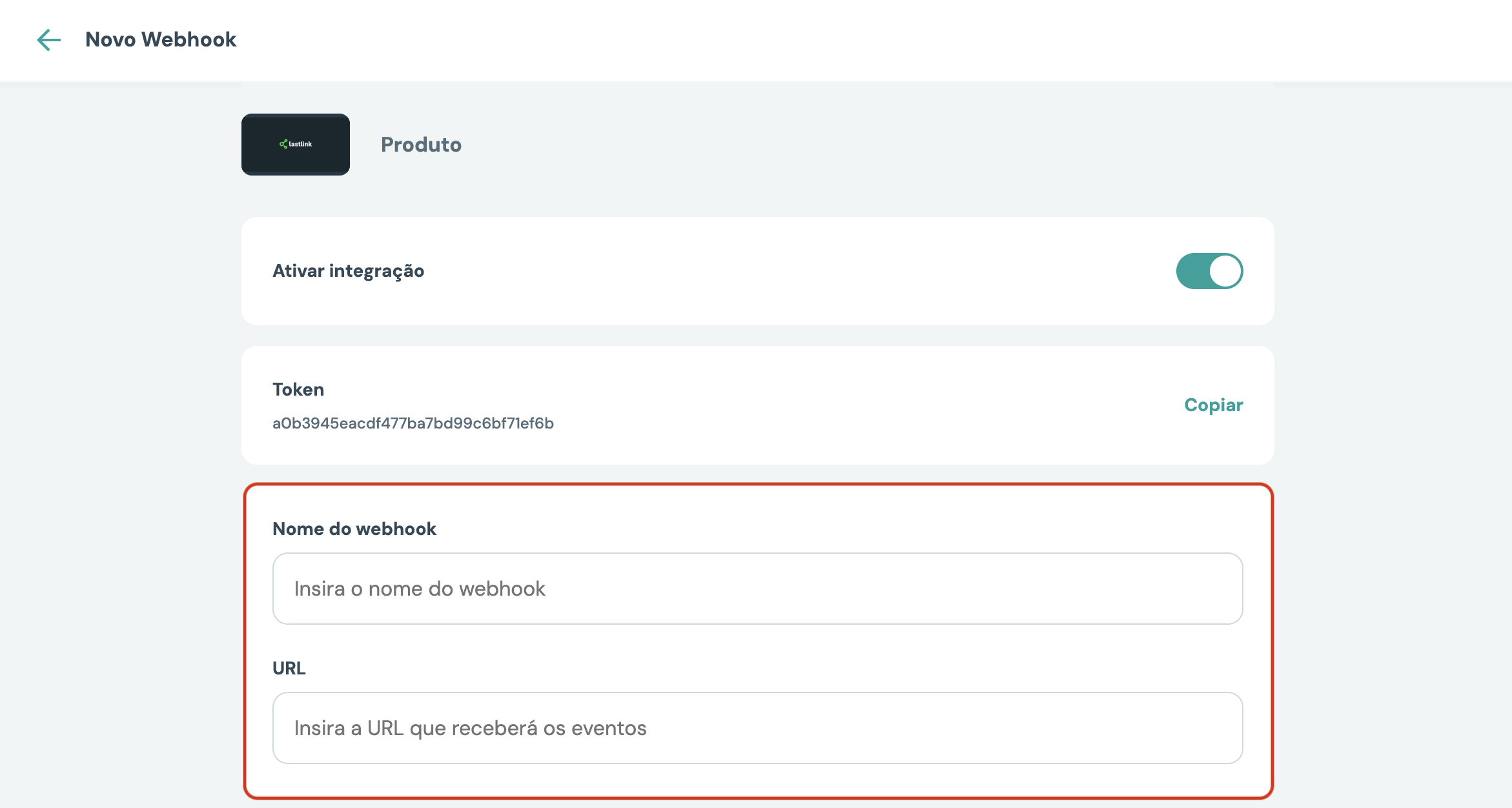 Formulário de webhook da LastLink com nome e URL