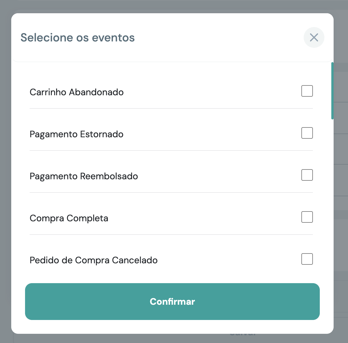Modal de seleção de eventos do webhook da LastLink
