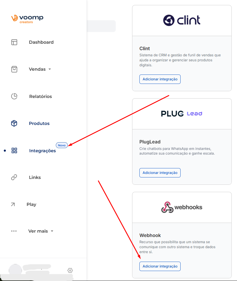 Menu Webhook Voomp