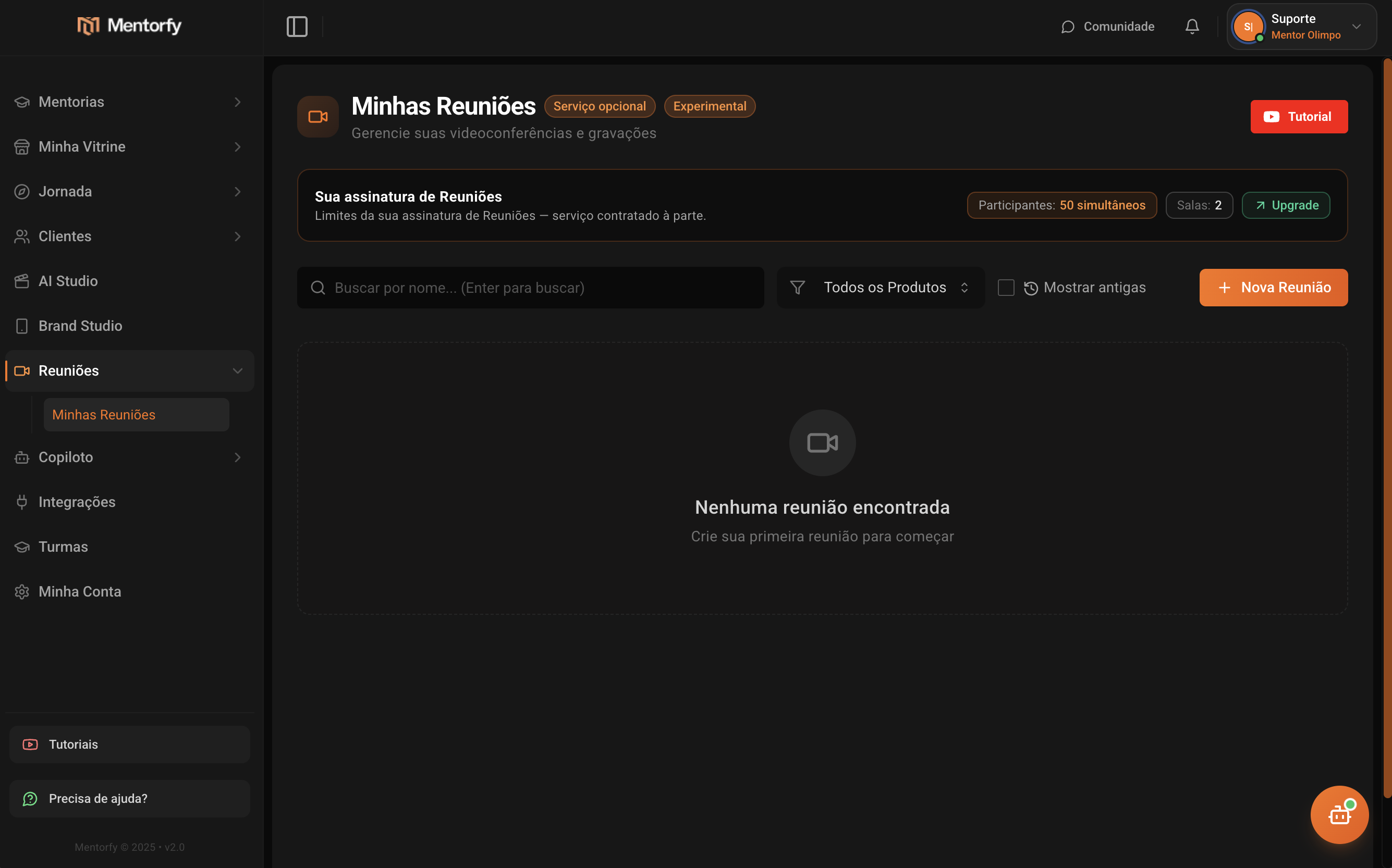 Página Mis Reuniones en Mentorfy