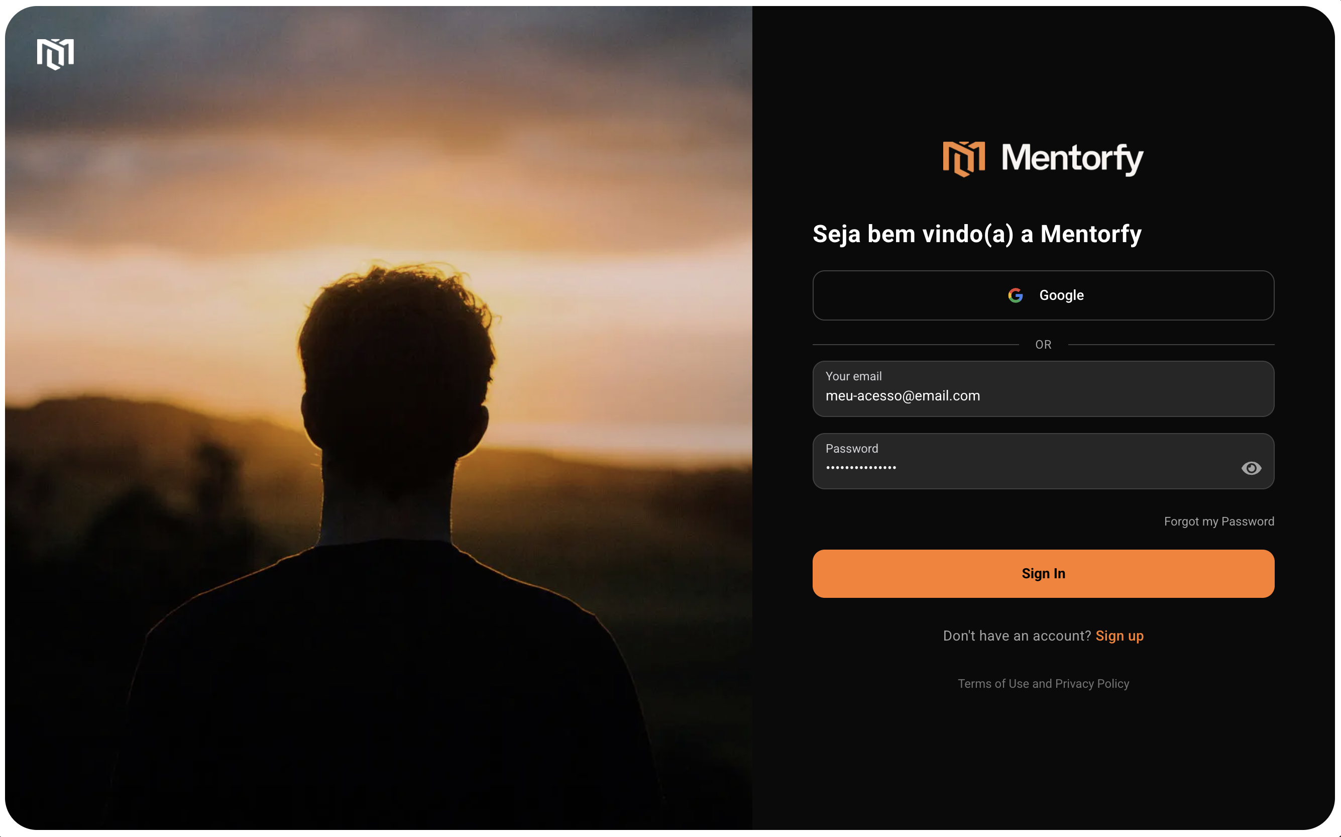 Pantalla de inicio de sesión de Mentorfy