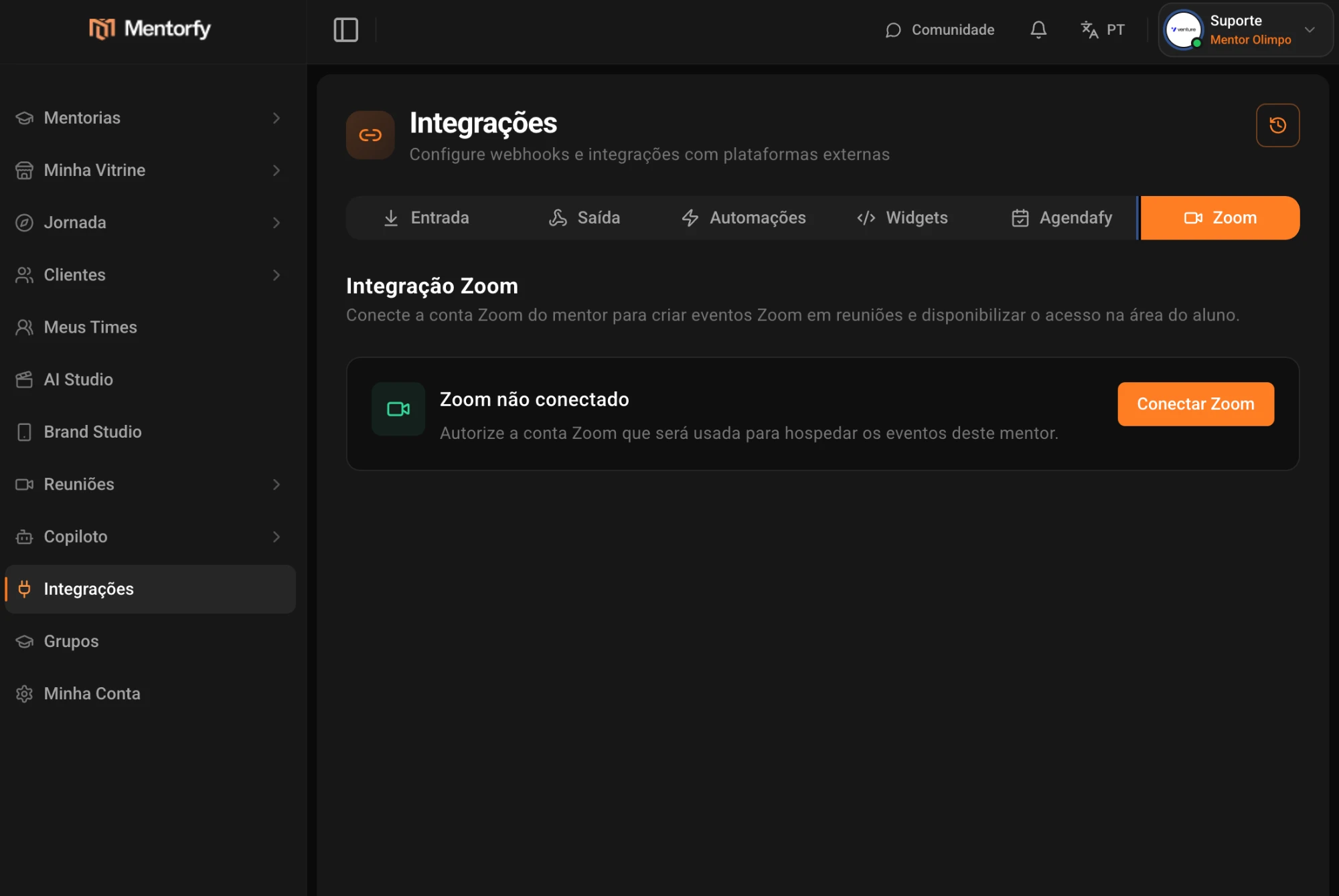 Página de integración Zoom en Mentorfy